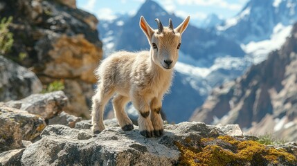 Obraz premium Cute mountain goat kid on a rocky mountain peak.