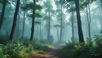 Obraz premium Misty forest scene with towering trees and foliage in teal blue and green hues, greenery, tree foliage