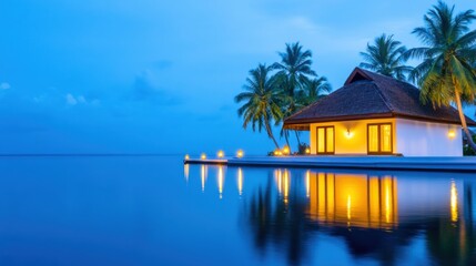 Obraz premium Evening backwater view with lantern-lit Kerala house and palm trees reflected in tranquil waters