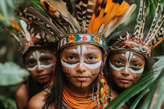 Indigenous children wearing traditional headdresses and face paint in the amazon rainforest