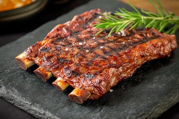Savory grilled ribs garnished with fresh rosemary and sea salt on a dark slate platter