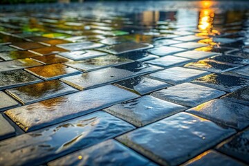 Obraz premium Wet Gray Stone Tiles Outdoor Photography: Textures, Patterns, and Reflections