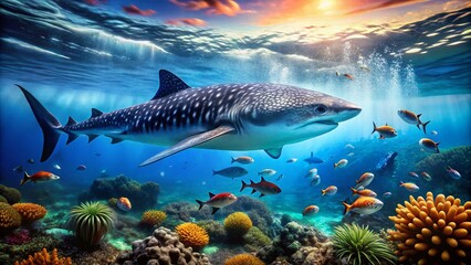 Naklejka premium Whale Shark, Biggest Fish, Ocean Giant, Tilt-Shift Photography, Underwater World, Marine Life