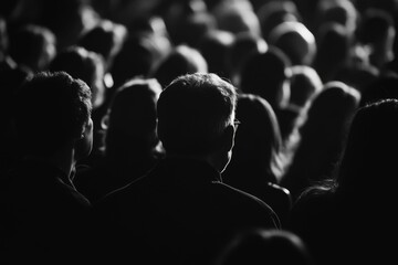 Fototapeta premium Silhouetted figures, seated crowd, black and white.