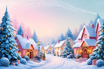 Fototapeta premium Pastel Christmas Wallpaper, Pastel Christmas Landscape Scenery, Pastel Winter Landscape Background, Pastel Christmas Background, Festive Winter Landscape Background