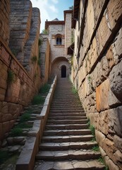 Narrow stone staircase leading to the monastery's upper levels, ancient stairs, rustic stone