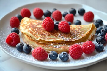 Delightful breakfast spread featuring fluffy pancakes adorned with fresh berries