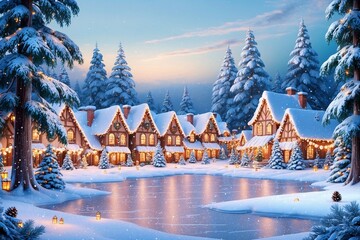 Fototapeta premium Christmas Village Wallpaper, Christmas Village Landscape Scenery, Winter Village Landscape Background, Snowy Christmas Winter Village Wallpaper, Festive Winter Snow Landscape Background