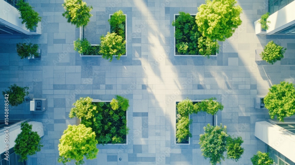 Aufkleber aerial view of a modern urban space with greenery and paved pathways.