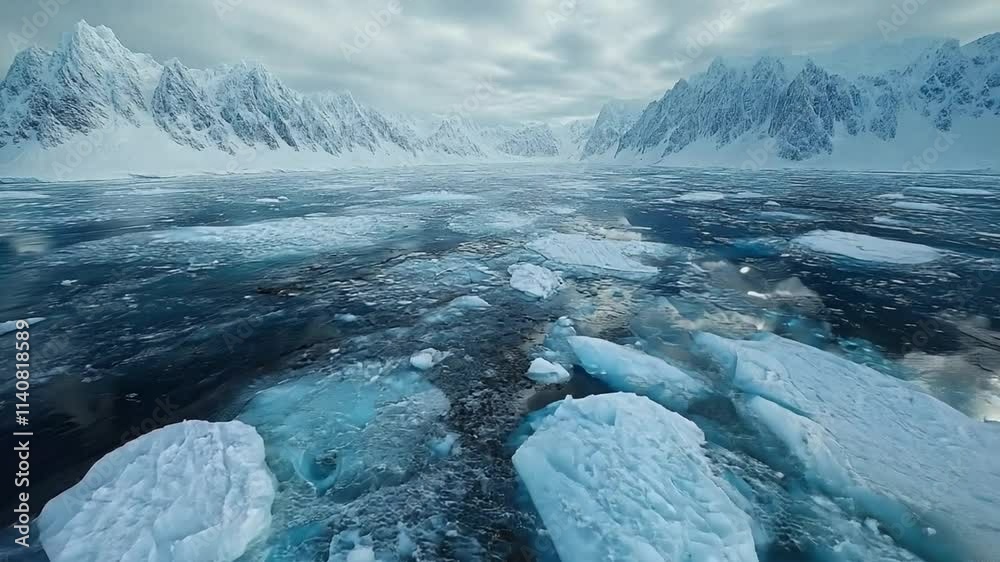 Aufkleber icebergs float serenely in the tranquil arctic waters, with dramatic mountain peaks rising in the ba