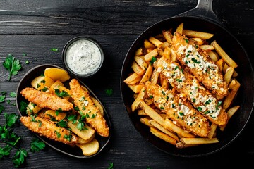 Crispy fried fish and golden fries served with a creamy dip on a rustic wooden table