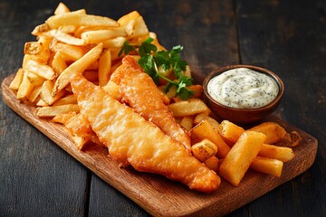 Crispy golden fish and chips served with tangy dipping sauce on a rustic wooden board