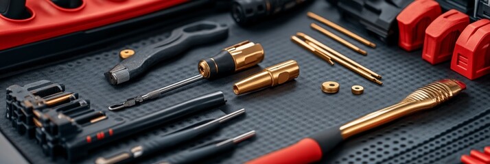 Fototapeta premium Precision Picking Tools on Work Mat - Organized precision tools, meticulously arranged on a protective work mat. Symbolizing precision, craftsmanship, detail, organization, and efficiency.