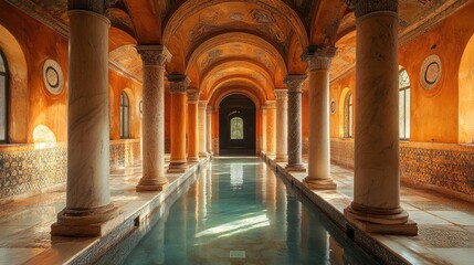 Fototapeta premium Ancient bath with columns, pool, and painted ceiling.