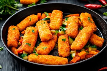 Golden crispy vegetable sticks served on a platter with vibrant fresh vegetables