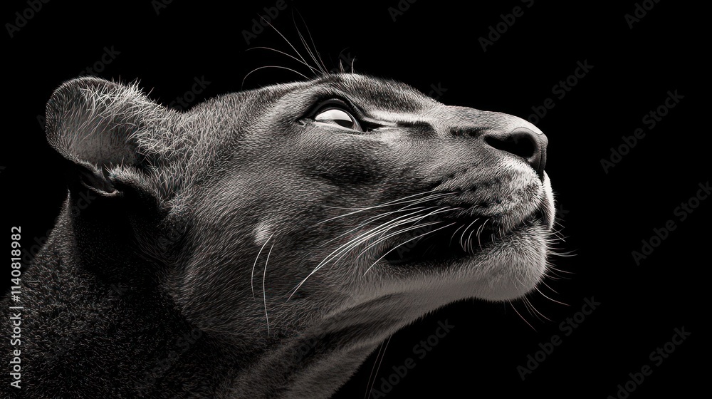Poster a close-up, monochromatic image of a panther's head, showcasing its features and expression.