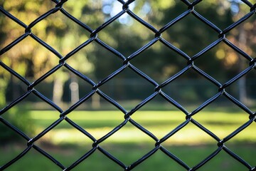 Fototapeta premium Chain link fence protecting green park area during sunny day