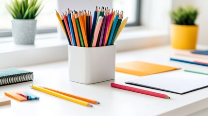 Colorful Pencils Organized on White Desk - Organized workspace, colorful pencils, notepad, stationery, creative supplies. Symbolizing productivity, creativity, organization, education, and design.