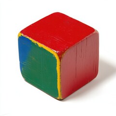 A colorful toy block with a bright red surface and clean corners on a white background