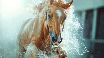 Galloping Golden Horse: A Stunning Poster for Sports Interiors Featuring Liquid Textures and Molten Gold Trails on a Vibrant White Background