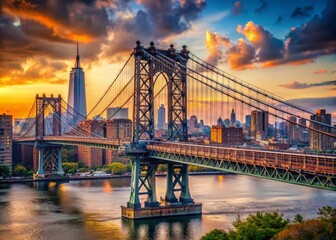 Fototapeta premium Williamsburg Bridge Manhattan Skyline NYC Photography Candid Shot Brooklyn Bridge View Hudson River Landmark Tourist Destination