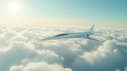 Fototapeta premium Sleek Supersonic Flight Above Clouds - Futuristic aircraft, speed, elegance, innovation, clean energy, soaring above clouds. A symbol of progress and travel.