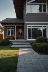 Obraz premium A modern gray house with a covered porch, stone steps, and a stone pathway. The landscaping includes neatly trimmed shrubs and a lawn. Large windows are visible on the house's facade.