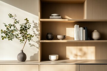 Minimalist scandinavian shelf design with natural light and decorative elements.