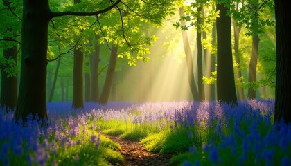 Fototapeta premium Sunlight filters through a lush forest, illuminating a carpet of vibrant bluebells on the forest floor.