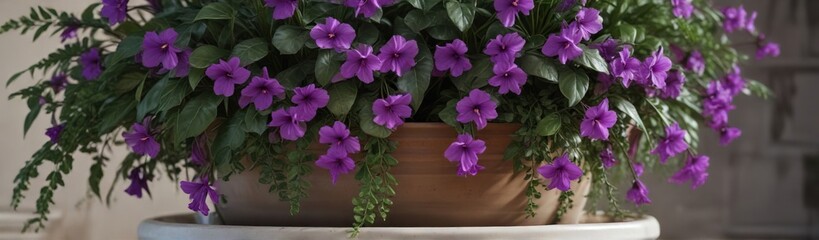 lush greenery and vibrant violet petals peeking out of a ceramic planter, flowering plants, indoor gardening, green thumb