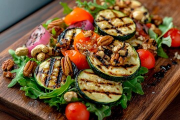 Grilled vegetable salad with nuts served on a wooden platter for a vibrant brunch experience