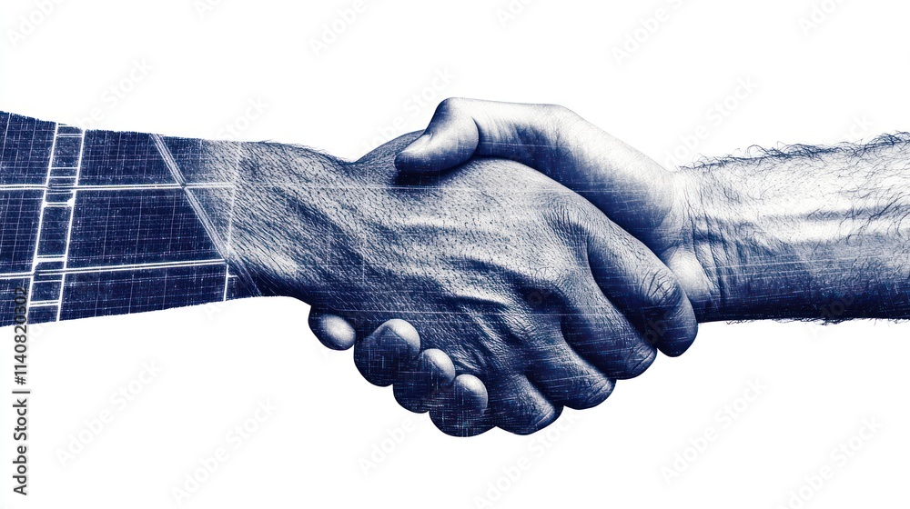 Poster a handshake symbolizing collaboration between technology and humanity.