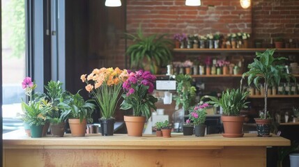 Fototapeta premium Vibrant flowers and potted plants displayed on a wooden counter in a shop.