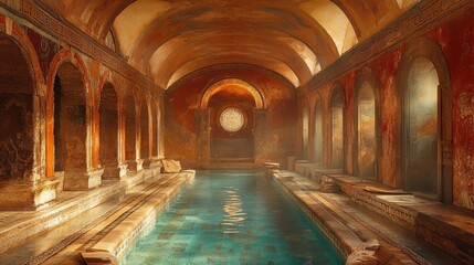 Obraz premium Ancient Roman bathhouse, long pool, arched ceilings.
