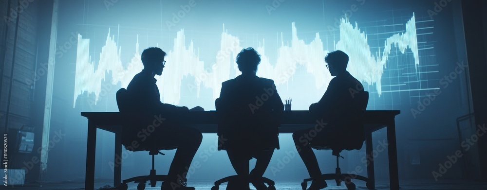 Poster Three silhouettes in suits discuss data against a backdrop of digital graphs.