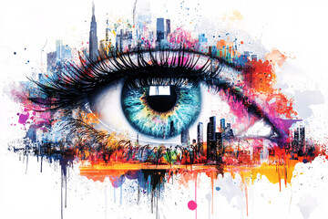Abstract artistic illustrations of human eyes with colorful paint splatters and dripping effects on a white background, blending realism and expressive modern art styles