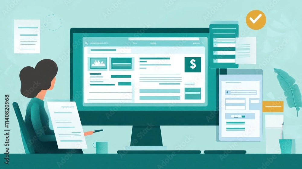 Poster A digital workspace displaying financial data and documents on multiple screens.