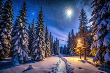 Fototapeta premium Winter Night Scene Photography: Dark Snowy Forest, Starry Sky, Rule of Thirds Composition