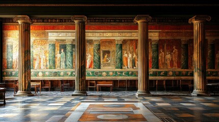 Obraz premium Ancient hall, frescoed walls, marble floor, classical columns.