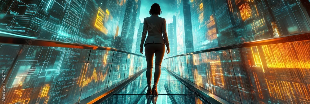 Aufkleber a figure walks through a futuristic digital cityscape, surrounded by glowing data visuals.