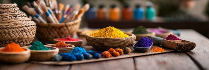 Fototapeta premium Vibrant Craft Pigments on Wooden Table - Colorful craft dyes, brushes, and wooden bowls create a vibrant scene of artistic creation. Symbolizing creativity, artistry, color, texture, and passion.