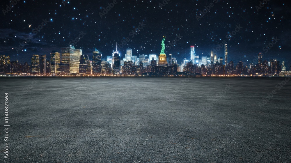 Poster Nighttime skyline of a city with a starry sky and a view of a famous statue.