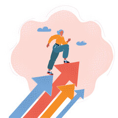 Cartoon vector illustration of woman step up on arrow. Success and leader concept.