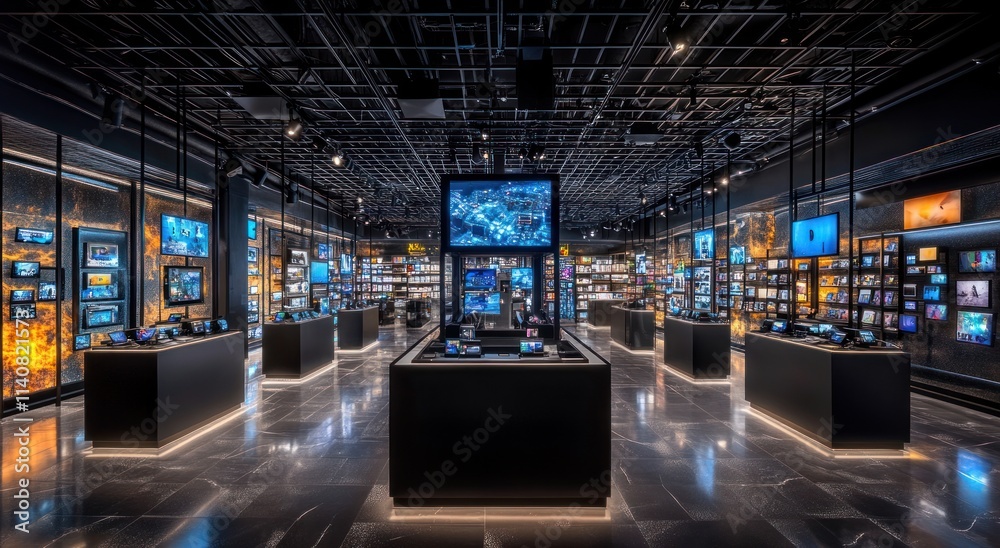Poster A modern electronics store showcasing various screens and devices in an illuminated space.