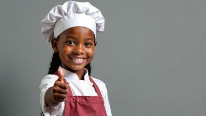 An African American girl in an apron and a chef's hat shows thumb up on a gray background. The concept of children's cooking master classes