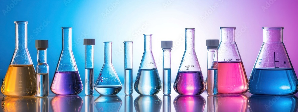 Poster a collection of colorful laboratory glassware filled with various liquids, showcasing science.