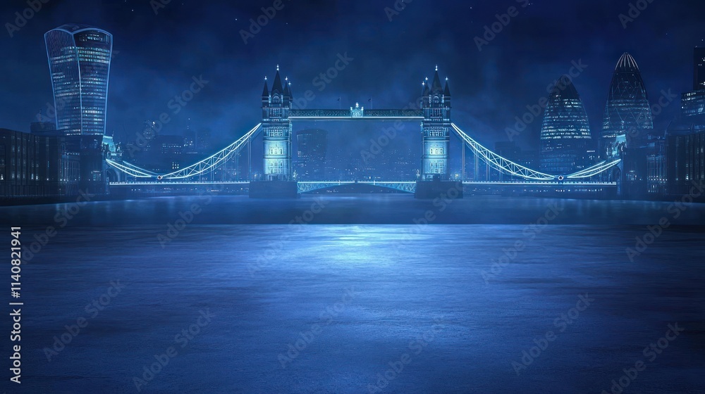 Poster a nighttime view of tower bridge illuminated against a dark, serene river backdrop.