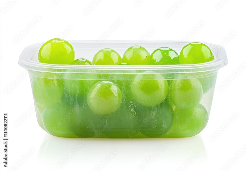 Poster a clear container filled with fresh green grapes, ready for consumption.