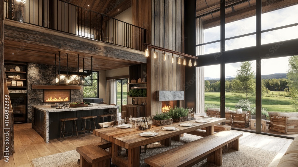 Poster modern rustic dining area with large windows and a cozy fireplace.