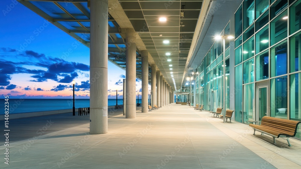 Poster a serene walkway by the ocean at dusk, featuring modern architecture and benches.